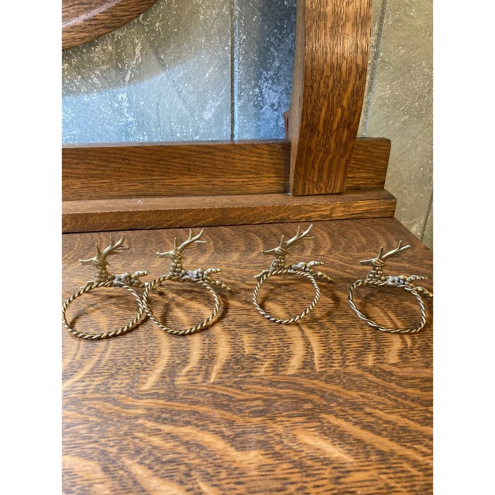 Vintage Brass Reindeer Napkin Rings Set of 4 Gold Christmas Stag Holiday Decor